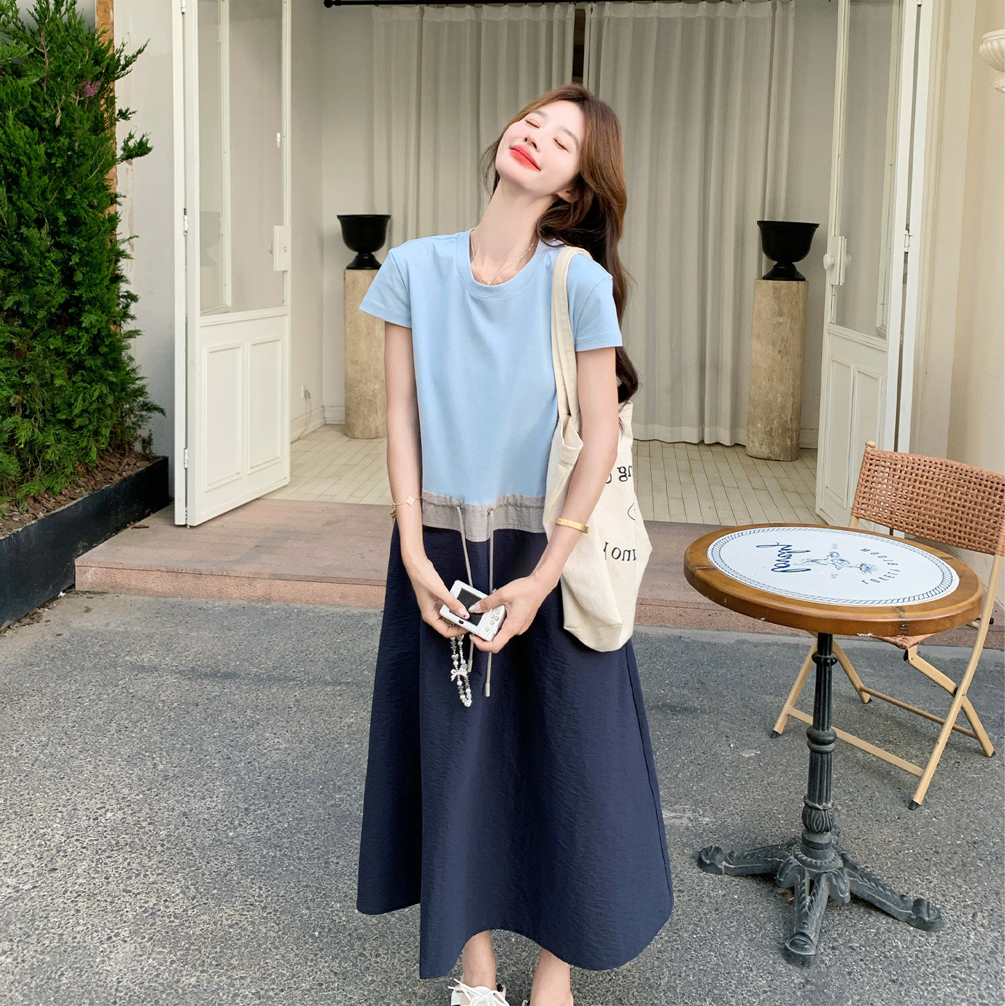 简约风假两件拼接连衣裙女夏季