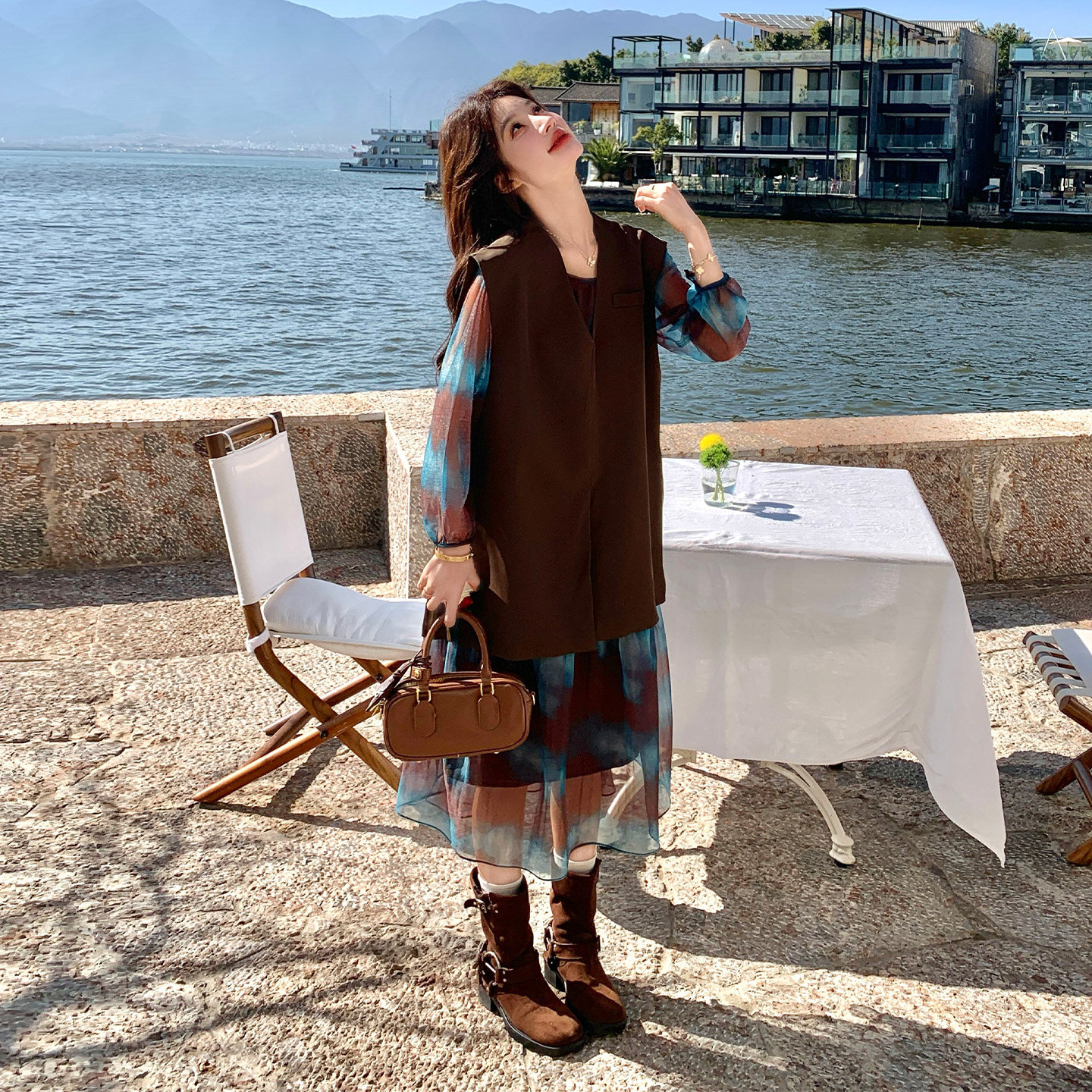 御姐轻熟绝美西装马甲连衣裙套装女2026春新款晕染印花长裙两件套