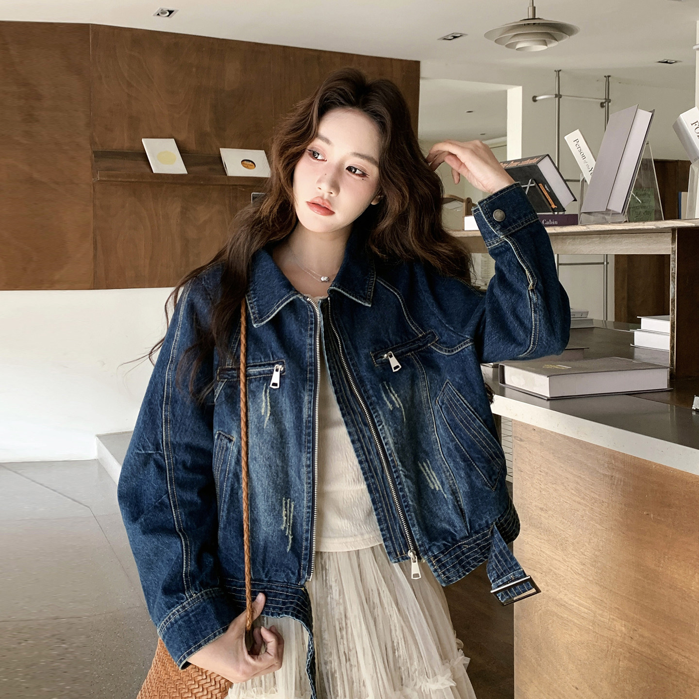 藏青色港风设计感牛仔小个子夹克女2026春季新款时髦洋气炸街外套