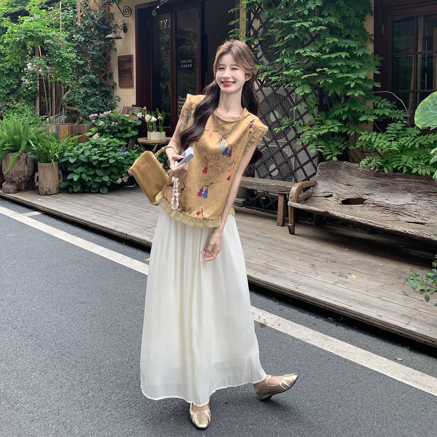 文艺范优雅气质国风套装女2026夏新款葫芦印花背心网纱裙裤两件套