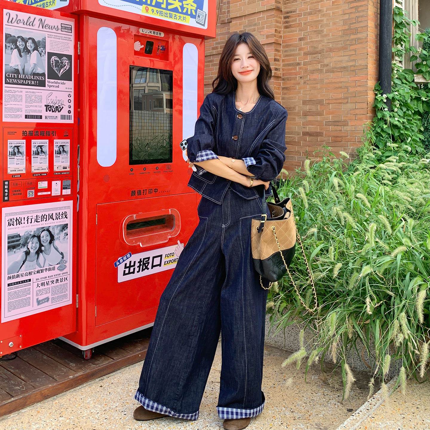 藏青色盐系冷淡风格纹拼接套装女2026新款休闲牛仔外套长裤两件套