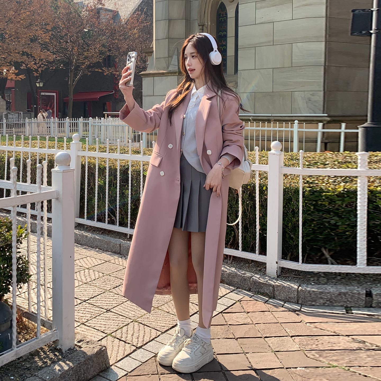 粉色休闲减龄甜美风外套女中长款2026新款韩系减龄学院风西装风衣