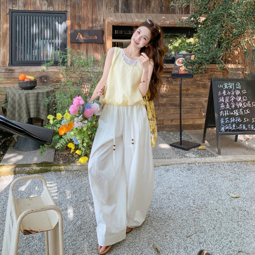 韩系减龄松弛感套装女2026初夏新款时尚撞色拼接背心阔腿裤两件套