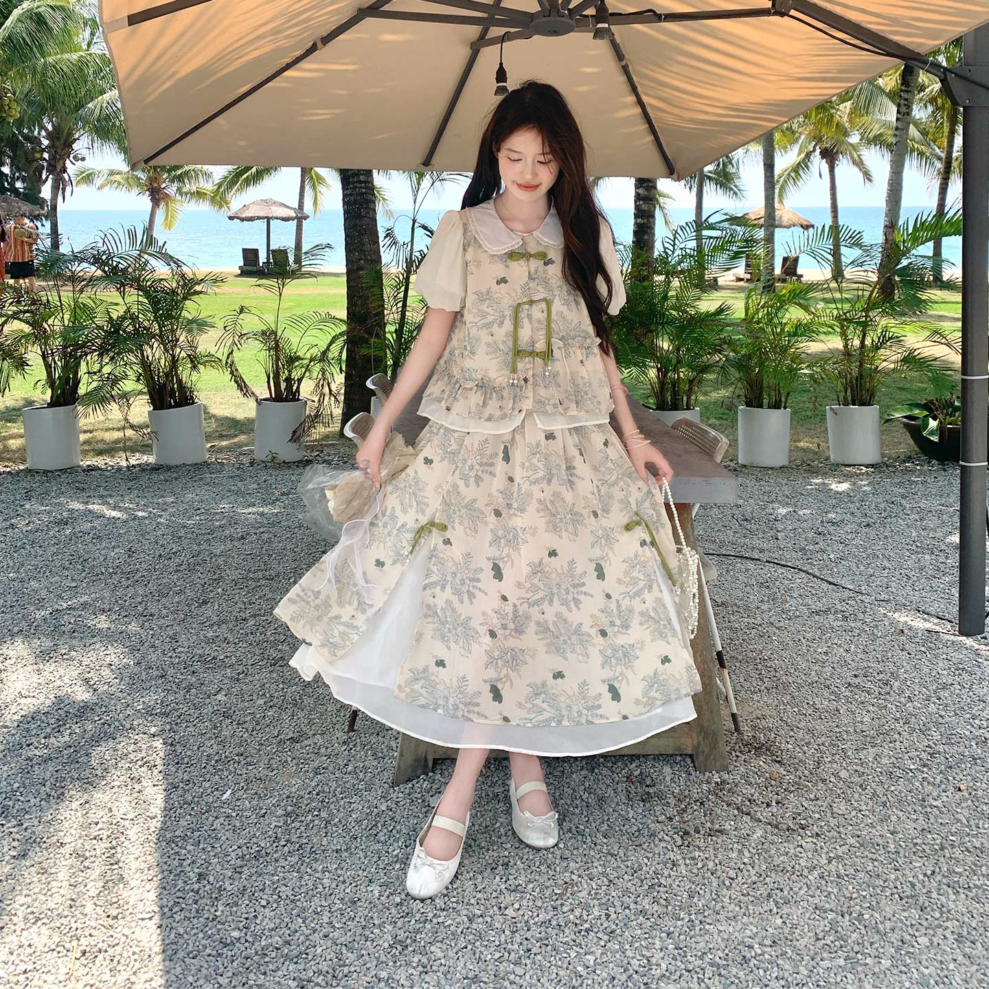 森系减龄少女感旅游套装2026夏季新款娃娃领碎花衬衫半身裙两件套