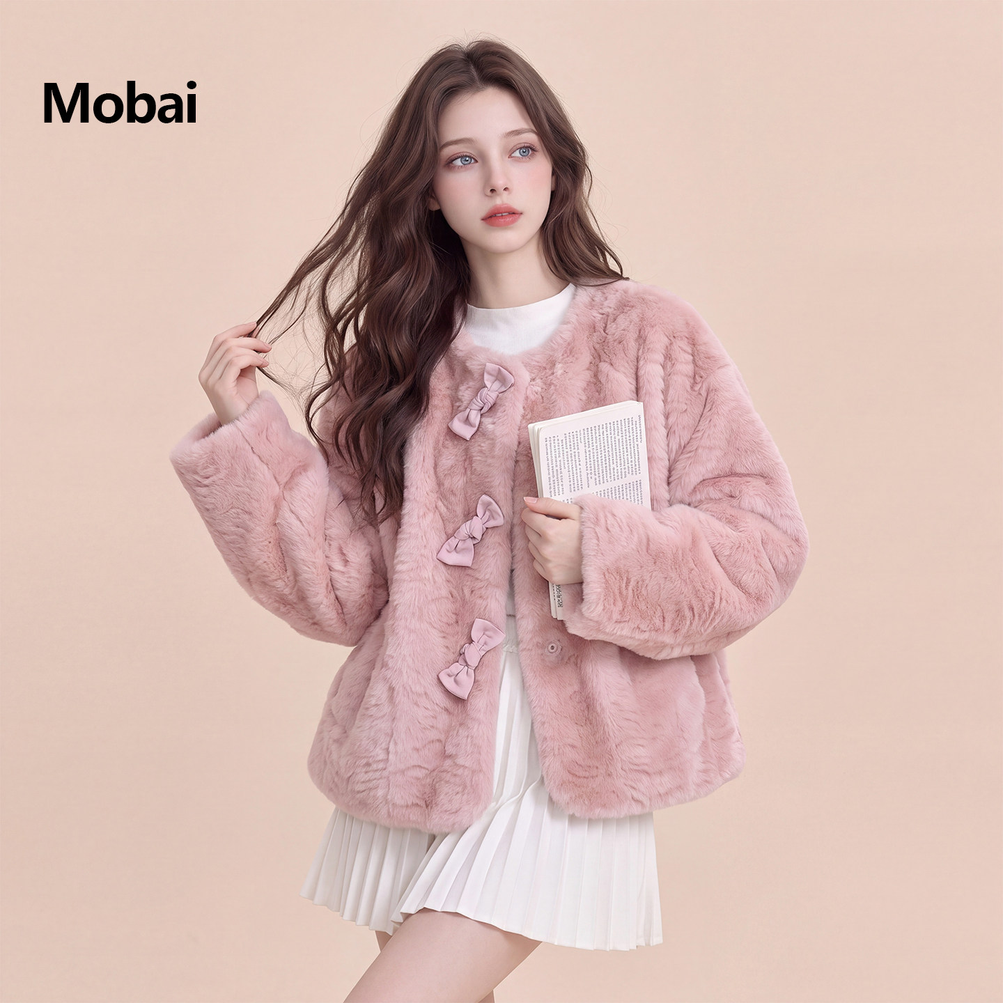 甜美粉色仿皮草蝴蝶结短外套女