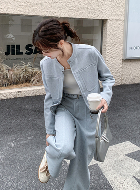 浅蓝色韩系气质休闲套装女2026春季新款小个子短外套阔腿裤两件套