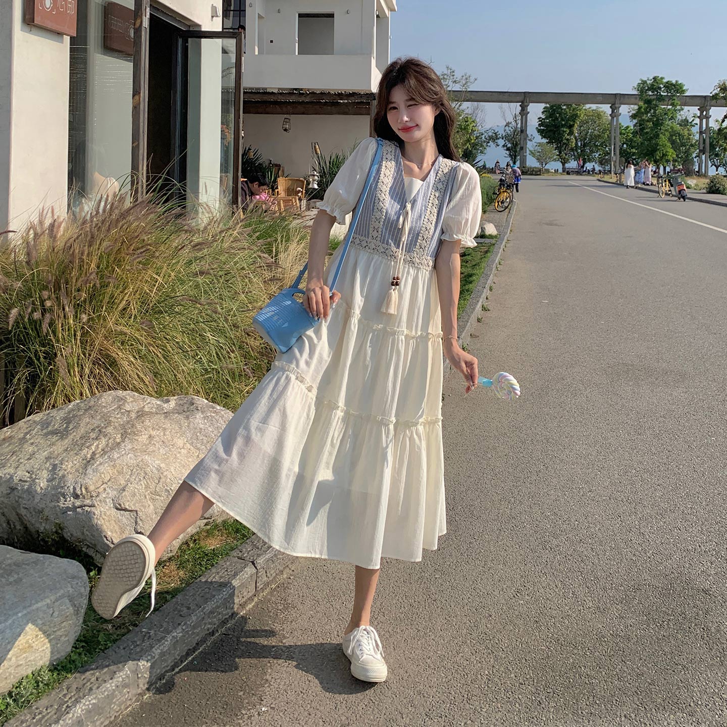 日系休闲文艺少女感连衣裙2026新款夏日减龄学院风拼接假两件长裙