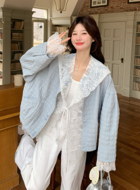 浅蓝色韩系松弛肌理感外套套装女2026春季新款连帽蕾丝内搭两件套