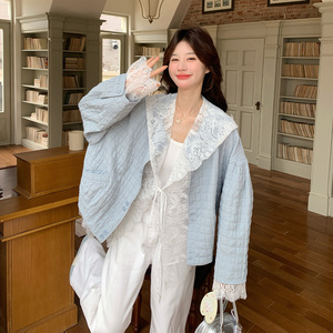 浅蓝色韩系松弛肌理感外套套装女2026春季新款连帽蕾丝内搭两件套