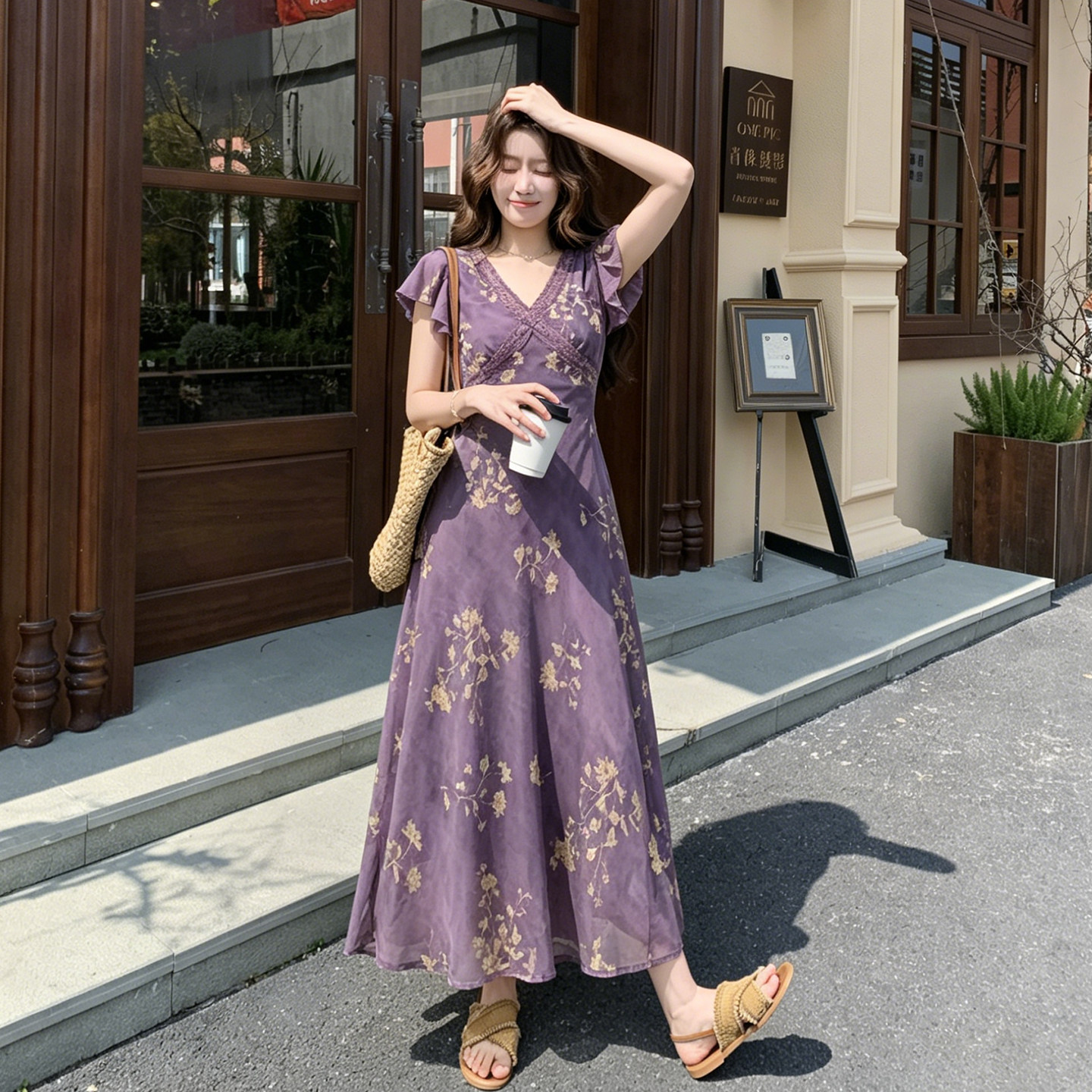紫色轻熟女人味V领小飞袖连衣裙2026新款法式浪漫风情A字碎花裙