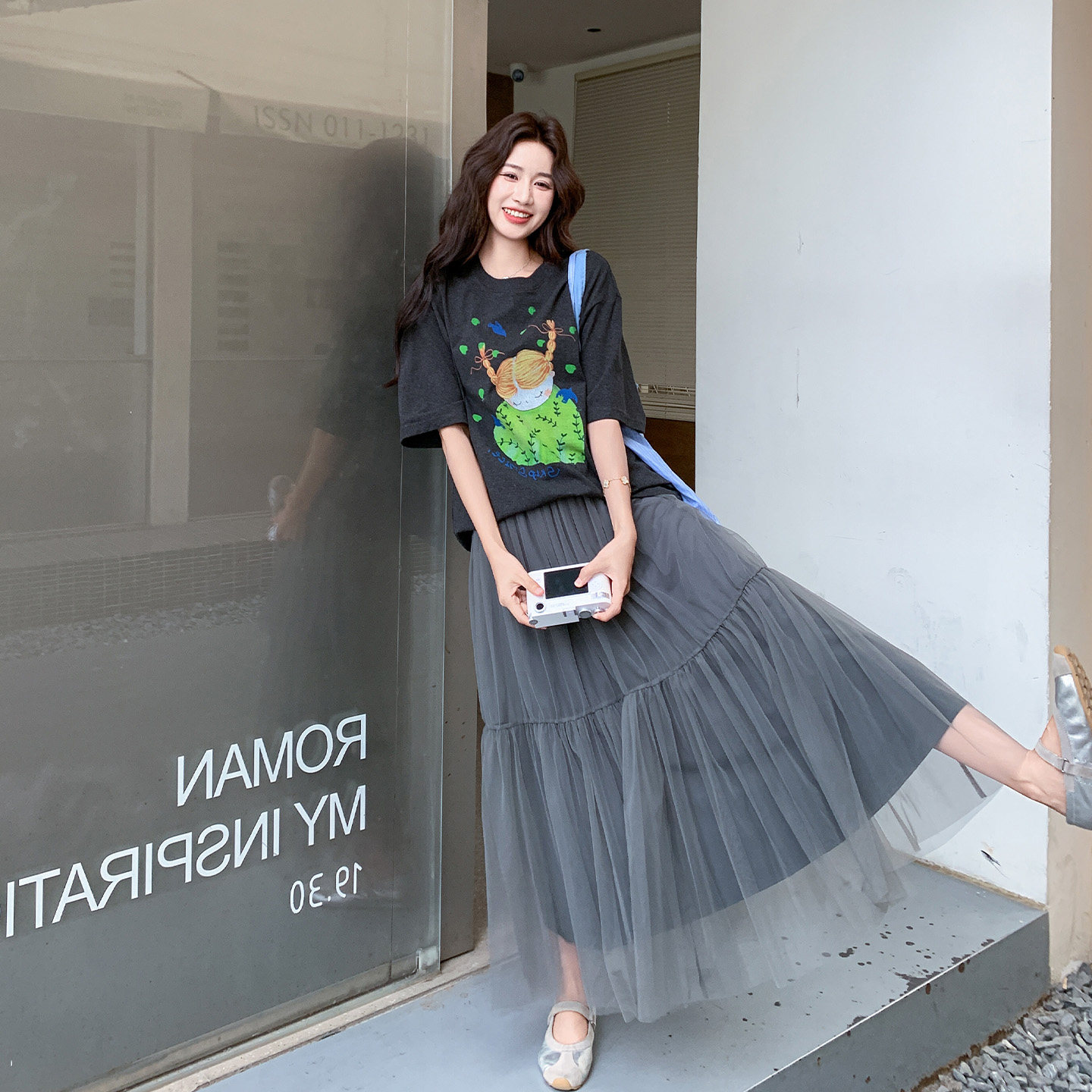 学院风印花T恤网纱蛋糕裙女