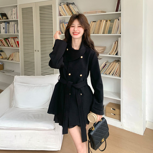 黑色千金风气质双排扣毛呢外套女2026春季高级感气质显瘦呢子大衣