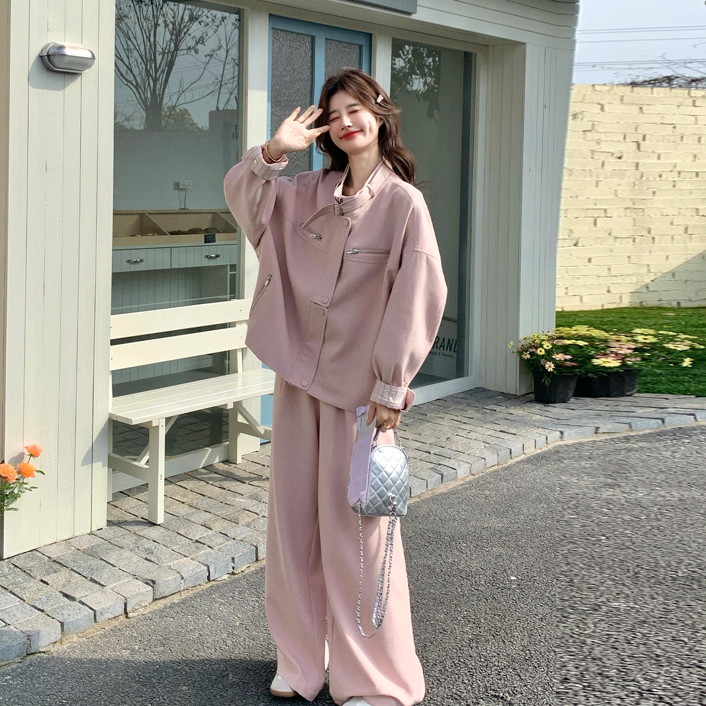 粉色慵懒chic套装女202早春新款设计感休闲立领外套阔腿裤两件套
