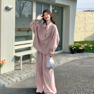 两件套 设计感休闲立领外套阔腿裤 粉色慵懒chic套装 女202早春新款
