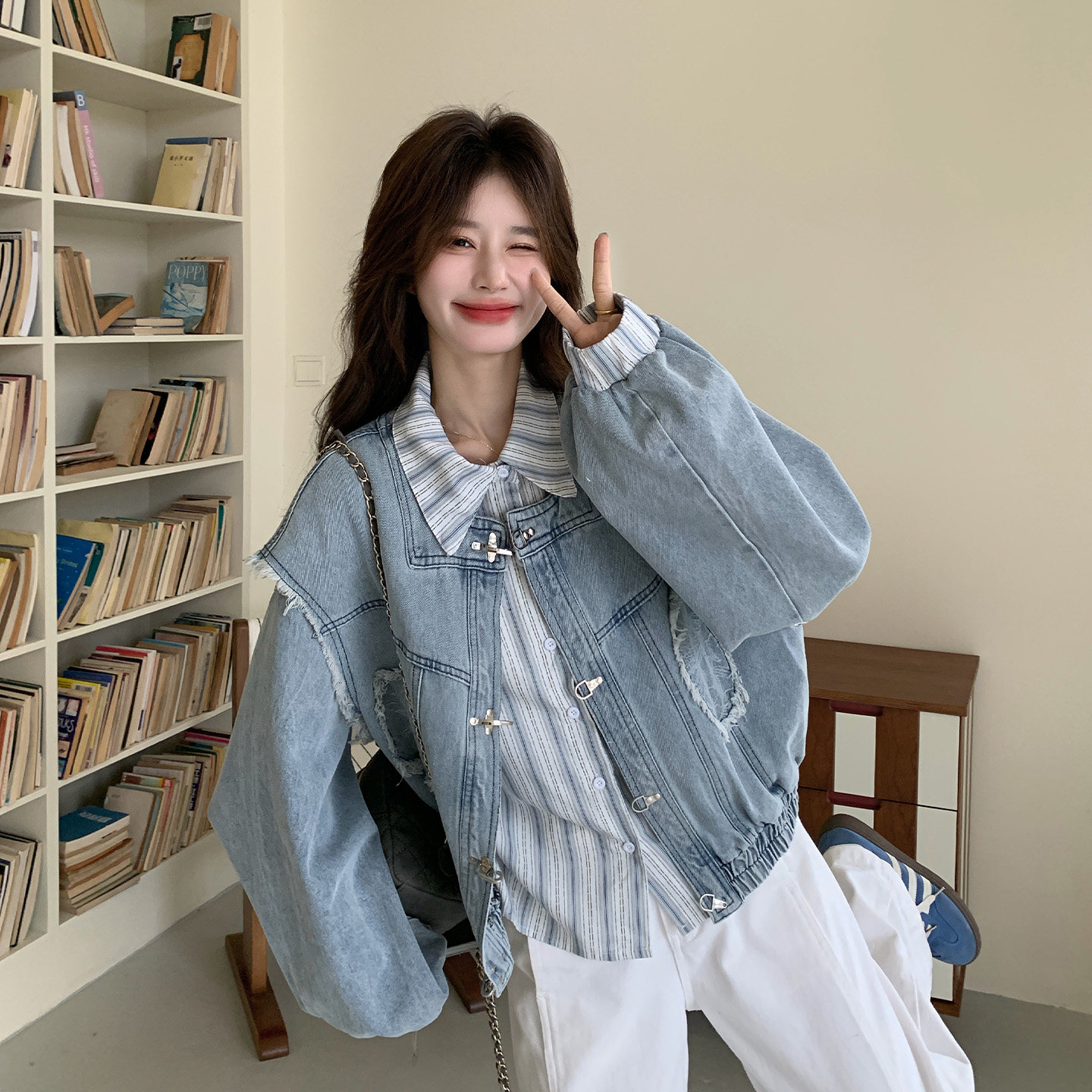 秋季牛仔风条纹拼接夹克两件套女