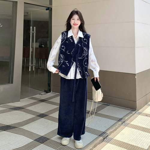 藏蓝色刺绣马甲阔腿裤衬衫三件套
