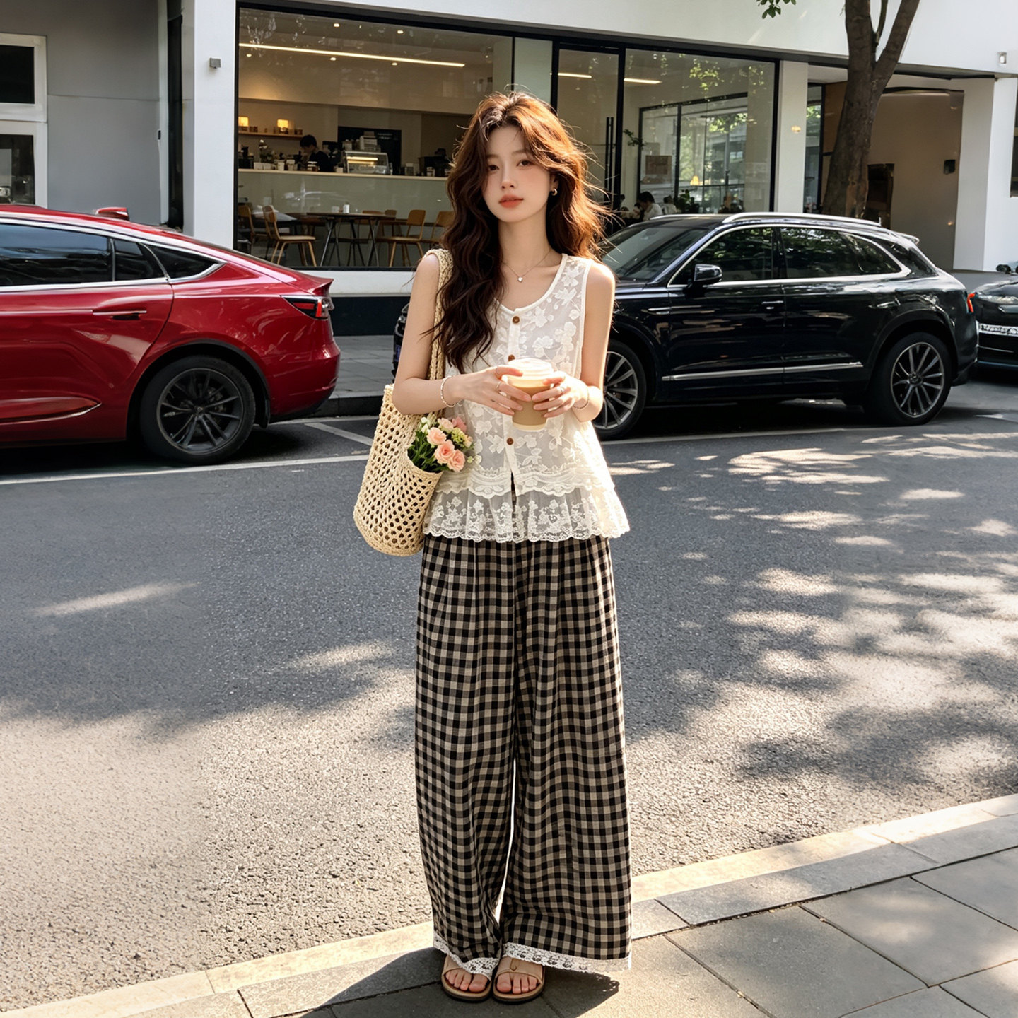 法式甜美文艺风夏日减龄套装女2026蕾丝无袖背心格纹阔腿裤两件套
