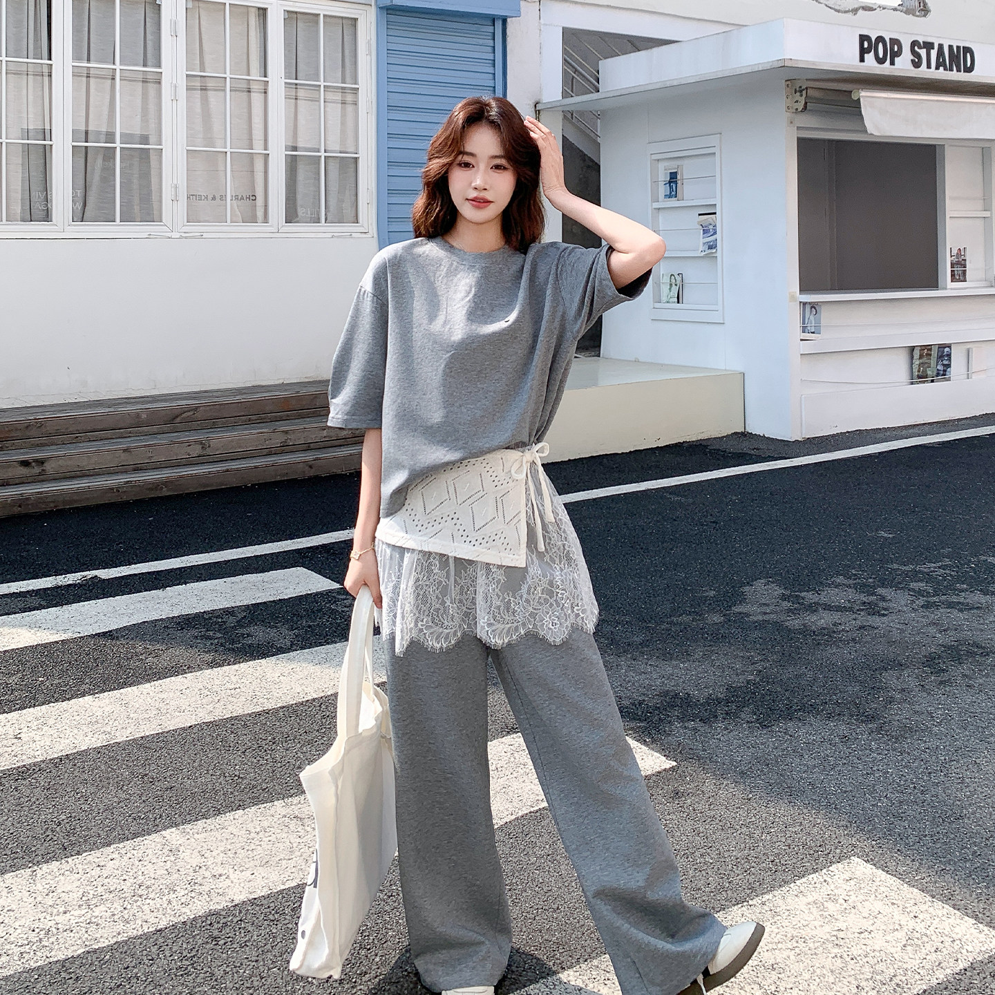 韩版蕾丝腰封阔腿裤两件套女夏