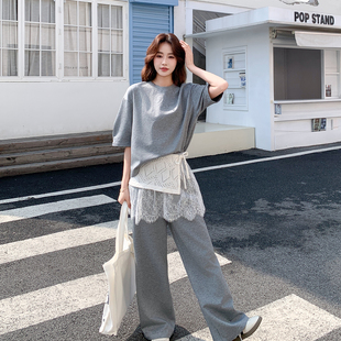 套装 T恤蕾丝腰封阔腿裤 女夏2026新款 短袖 两件套 韩版 灰色休闲时尚