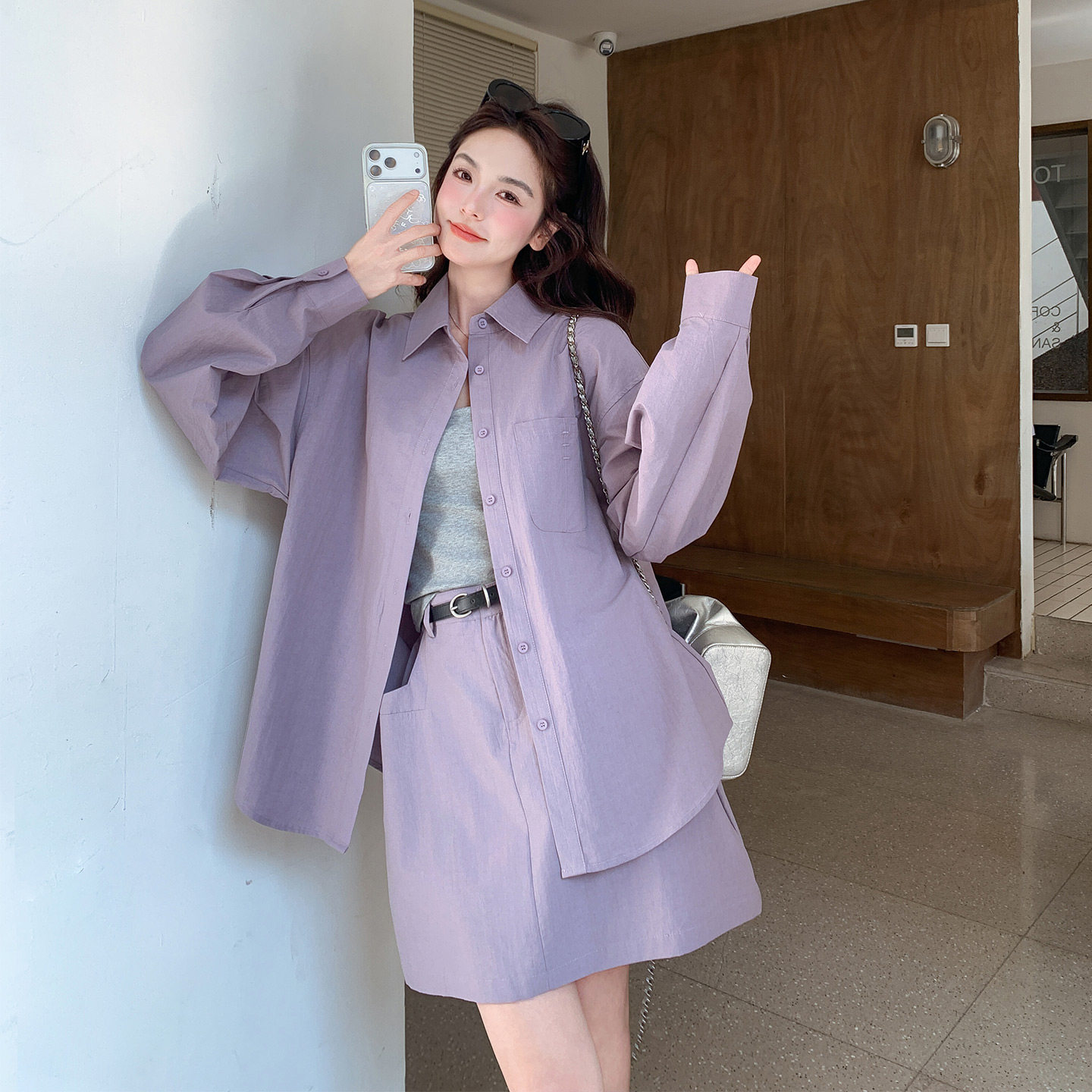 夏季紫色休闲慵懒风衬衫套装女2026新款内搭背心系带半身裙三件套