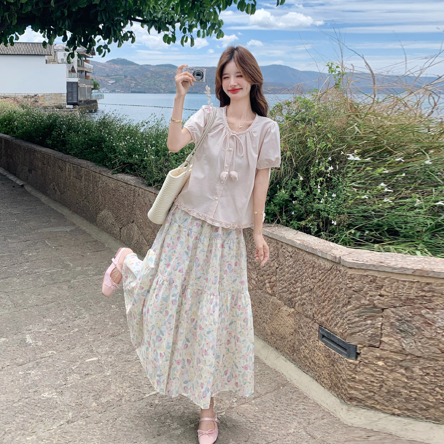 夏季温柔浪漫碎花短袖半裙两件套