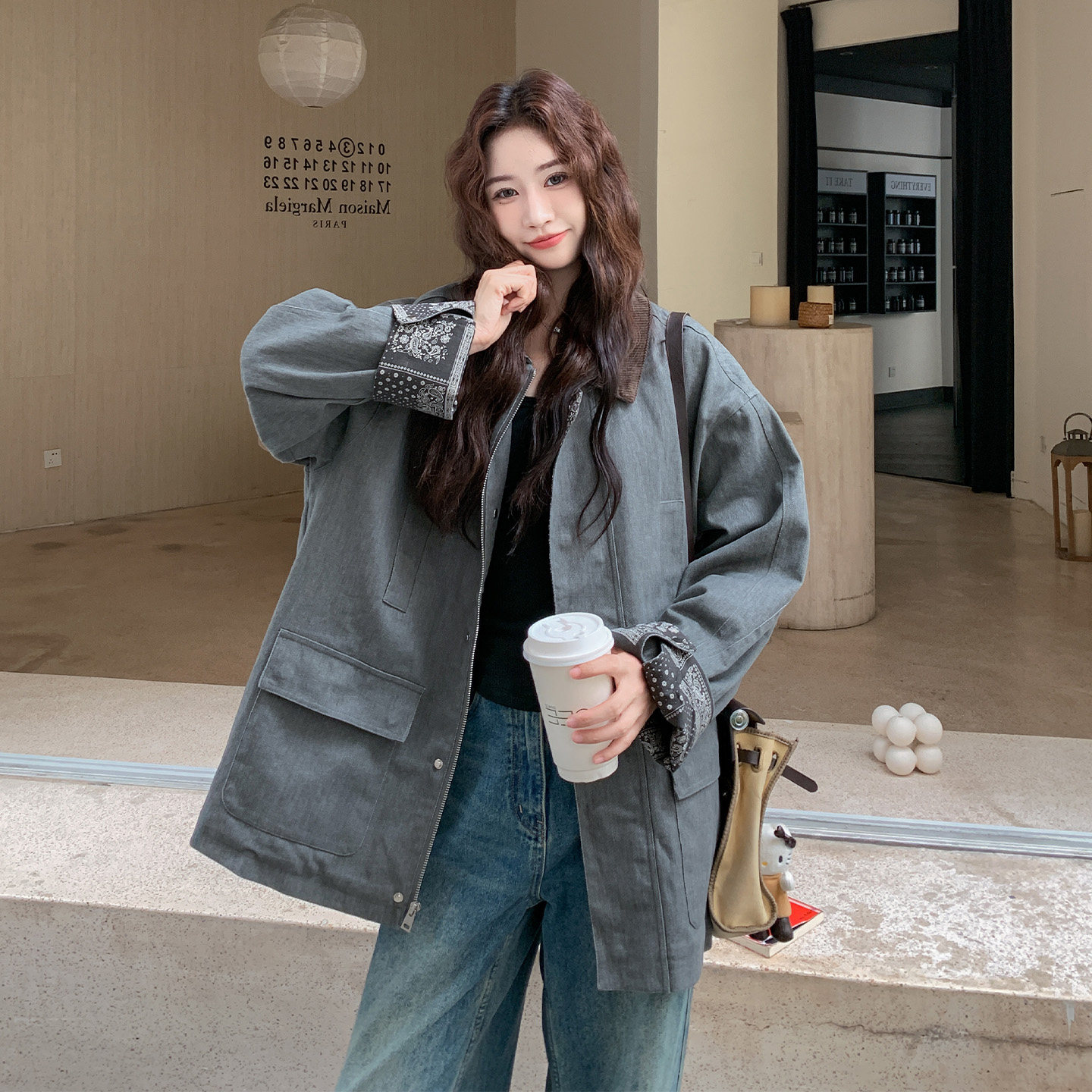 韩版宽松中长款翻领拉链风衣女