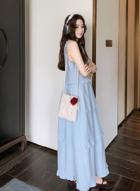 浅蓝色韩版慵懒风花边拼接背心连衣裙女2026夏新款休闲时尚A字裙