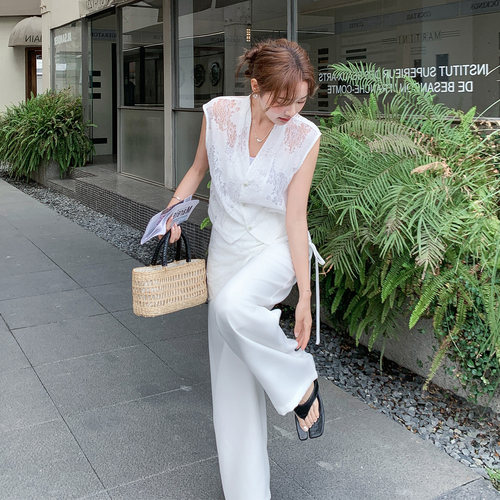 高级感蕾丝V领马甲阔腿裤两件