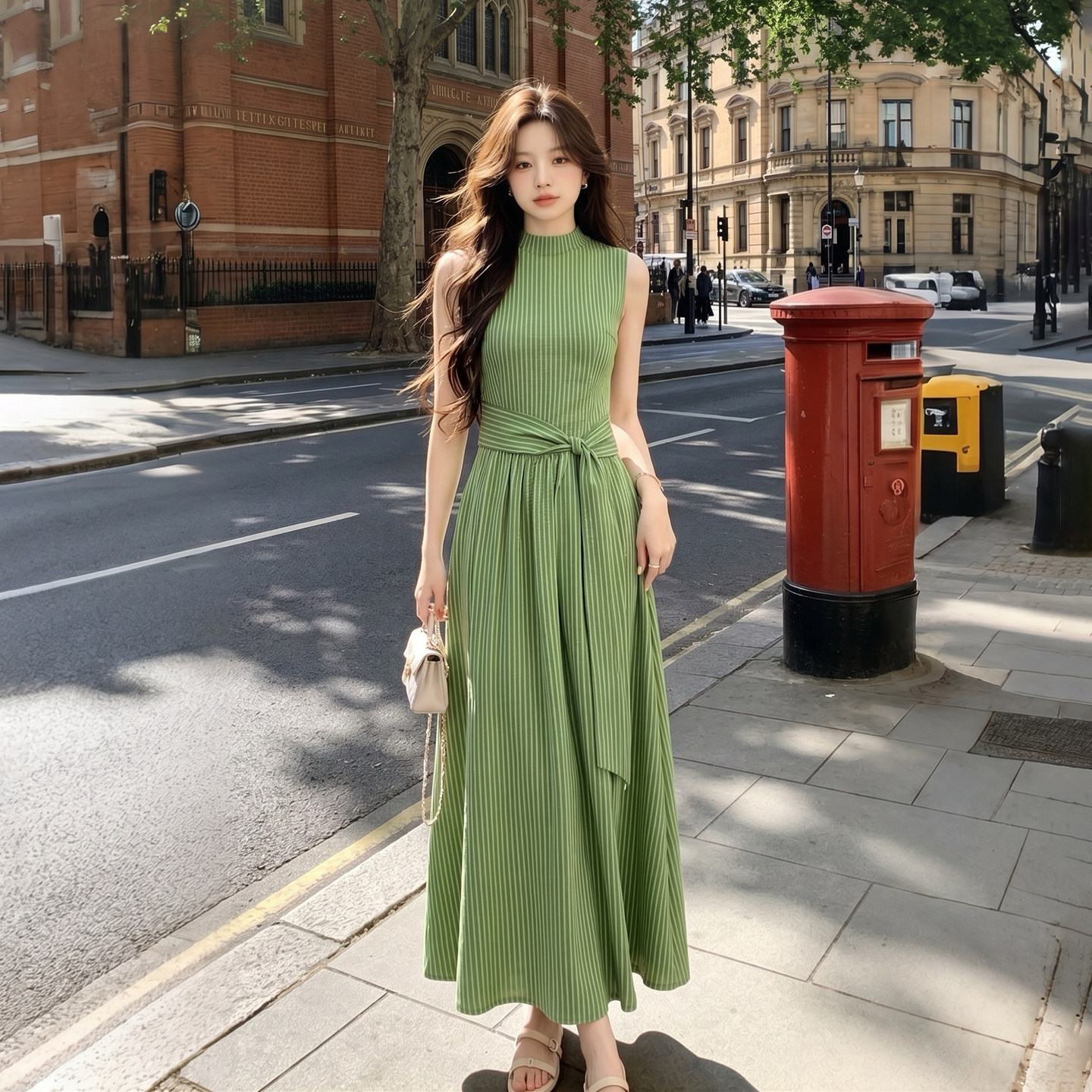 绿色清新优雅气质无袖连衣裙女2026新款法式高级感收腰条纹背心裙