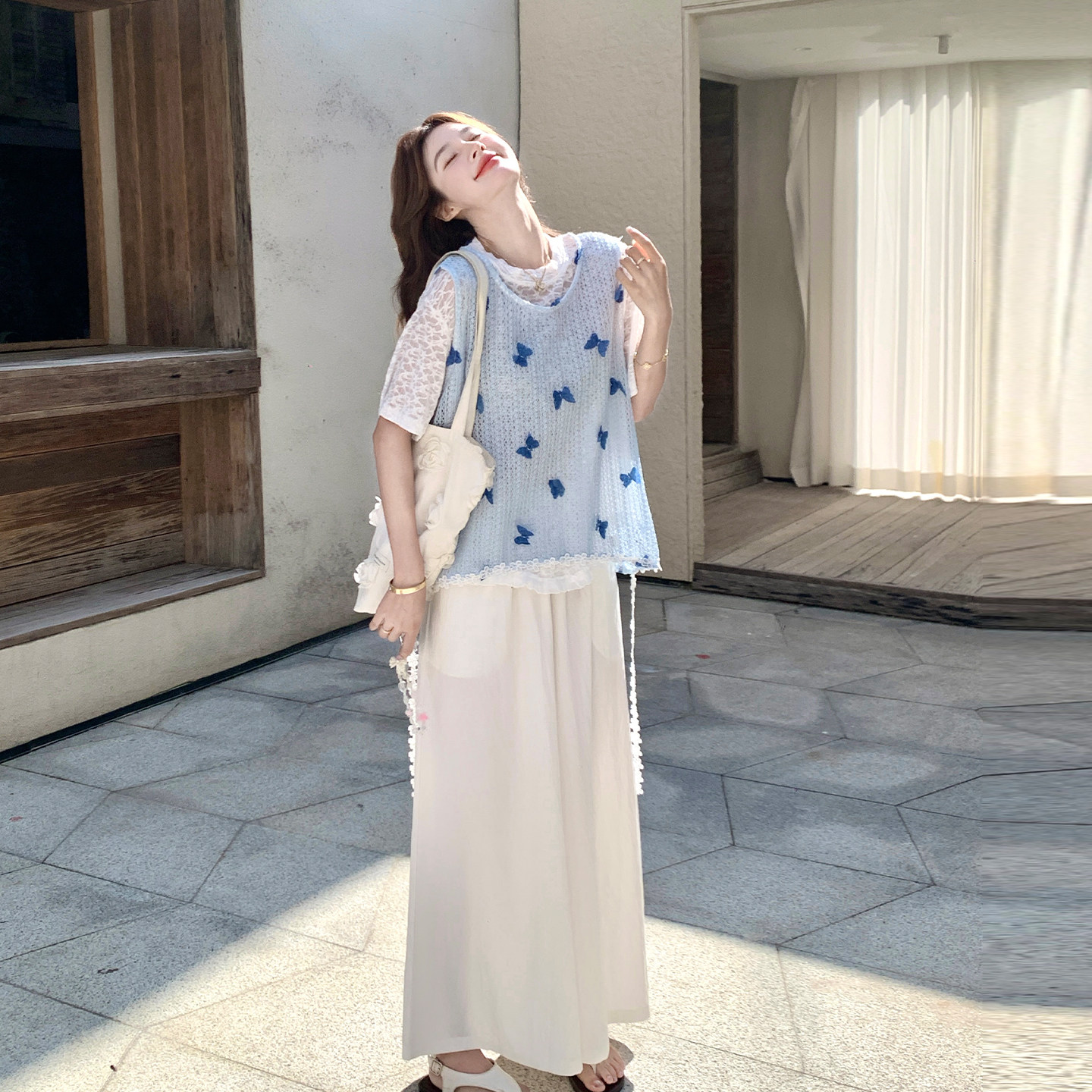 韩式减龄休闲风立体蝴蝶针织背心套装夏蕾丝内搭阔腿裤三件套2026