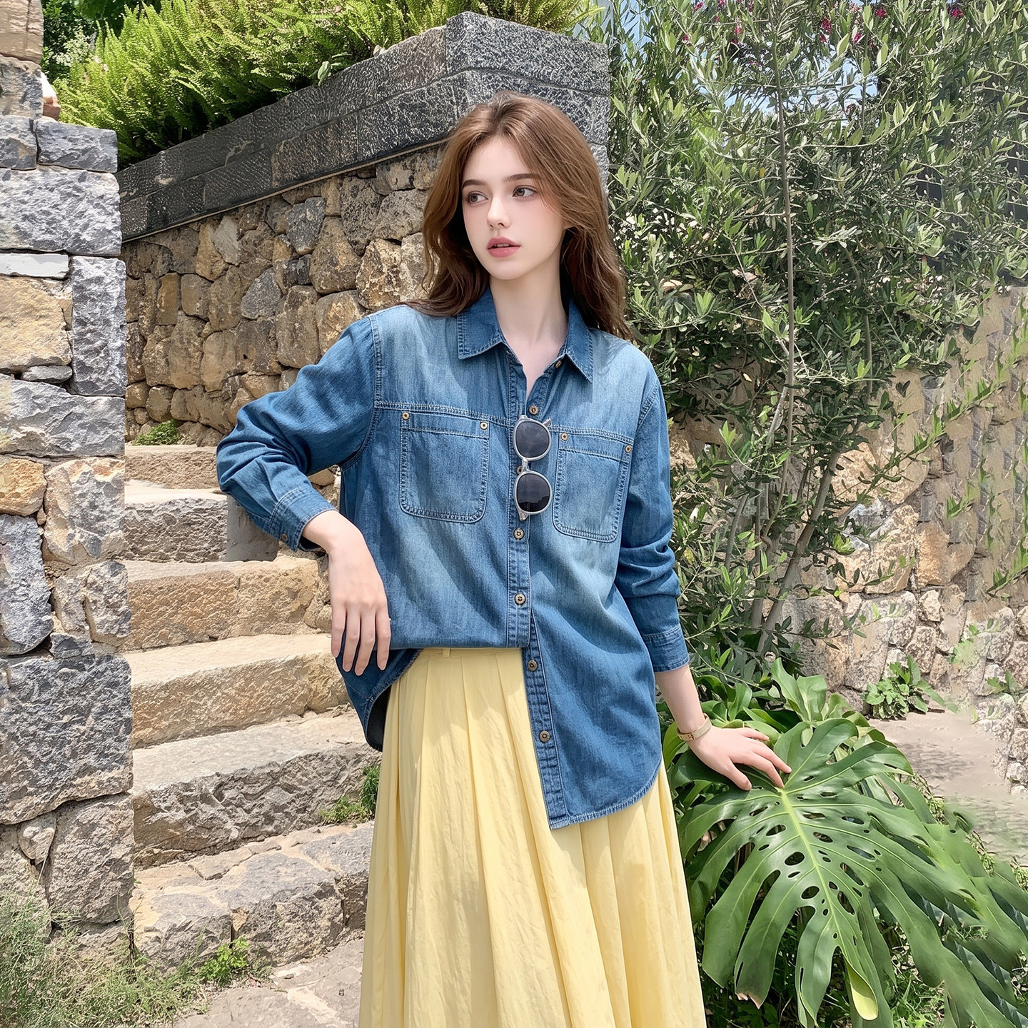 蓝色2026松弛感穿搭小个子牛仔衬衫女早秋新款巨好看法式时尚外套