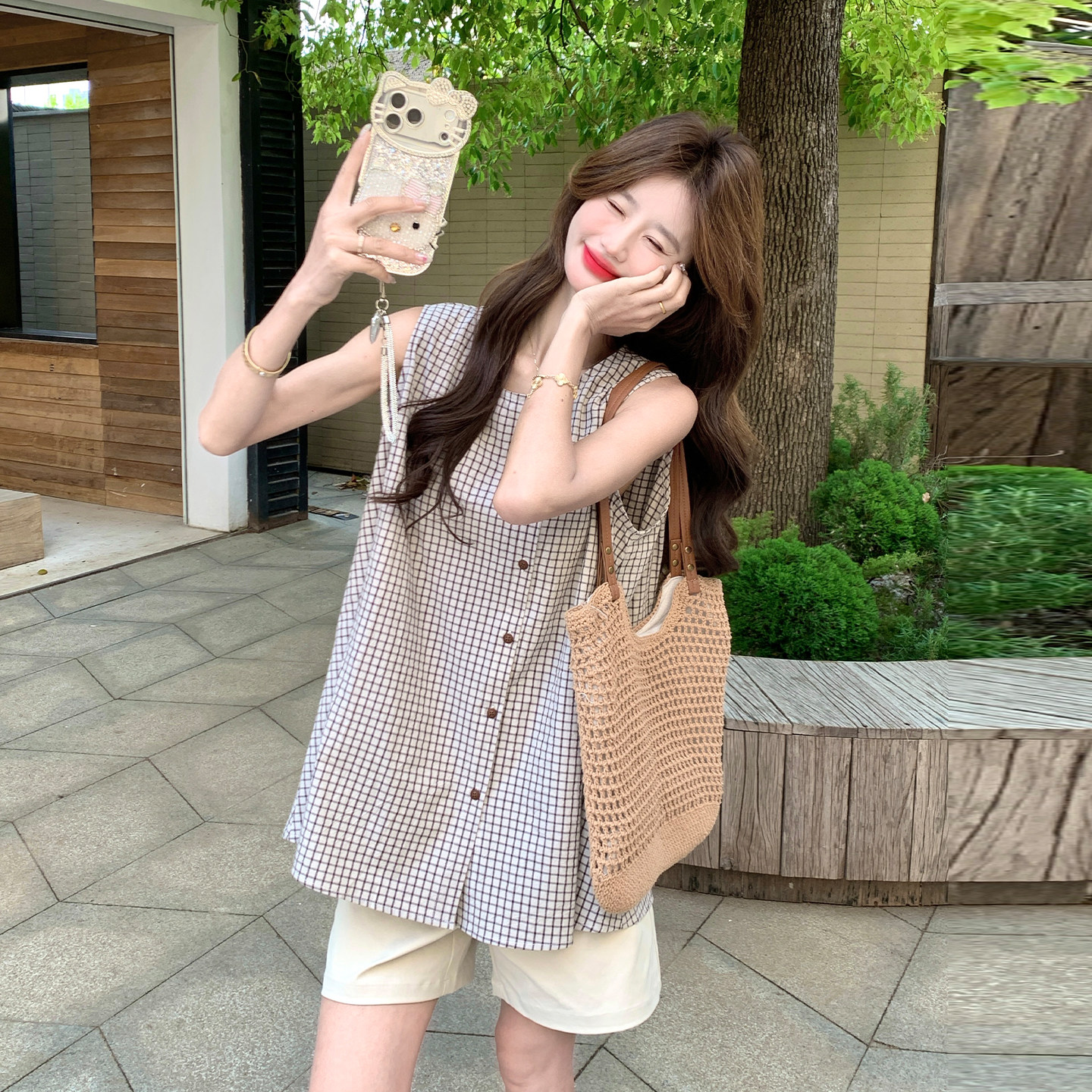 韩式简约纹背心短裤套装女夏季