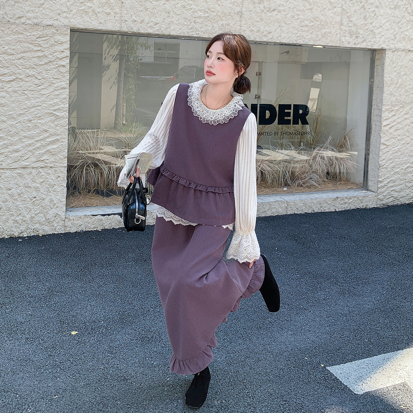 紫色复古优雅花边背心三件套女2026春新款蕾丝圆领内搭半身裙套装