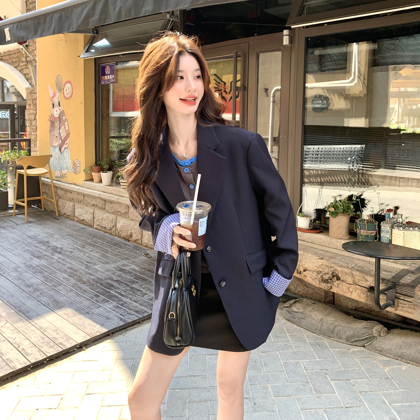 藏青色韩系学院风撞色格纹拼接西装女士2026春季休闲时尚气质外套