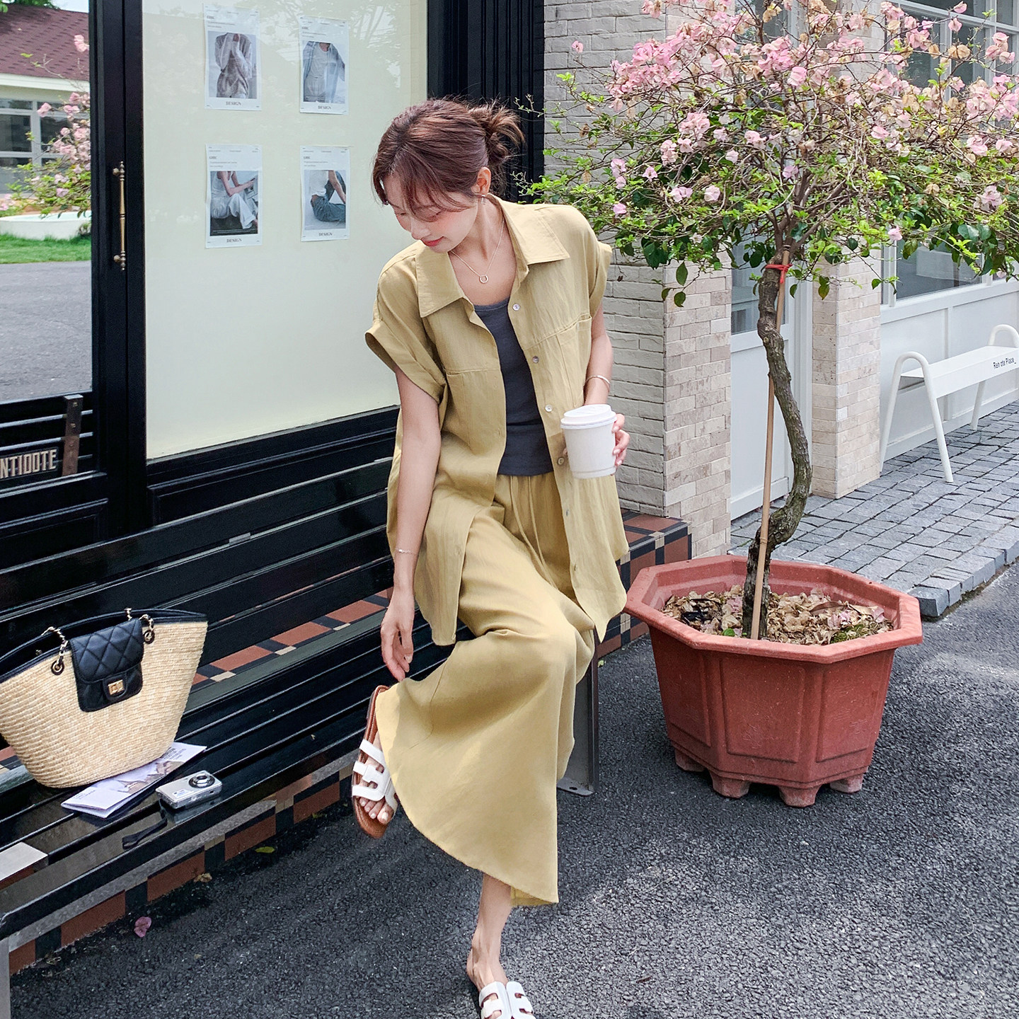 夏季慵懒风短袖衬衫半身裙三件套