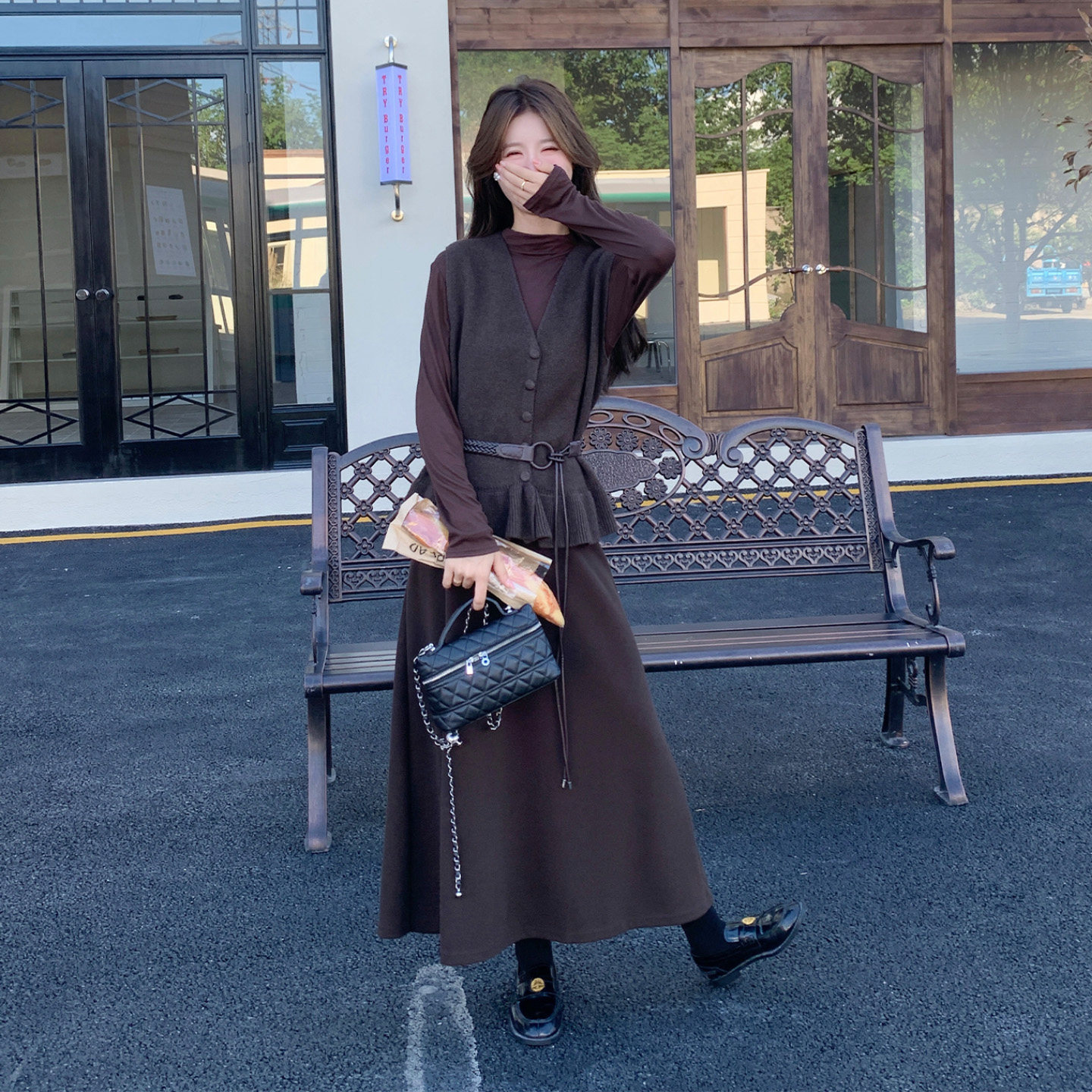老钱风马甲连衣裙显瘦三件套