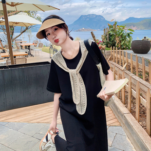 黑色简单大方得体连衣裙女中长款2026年夏季新款披肩设计感A字裙