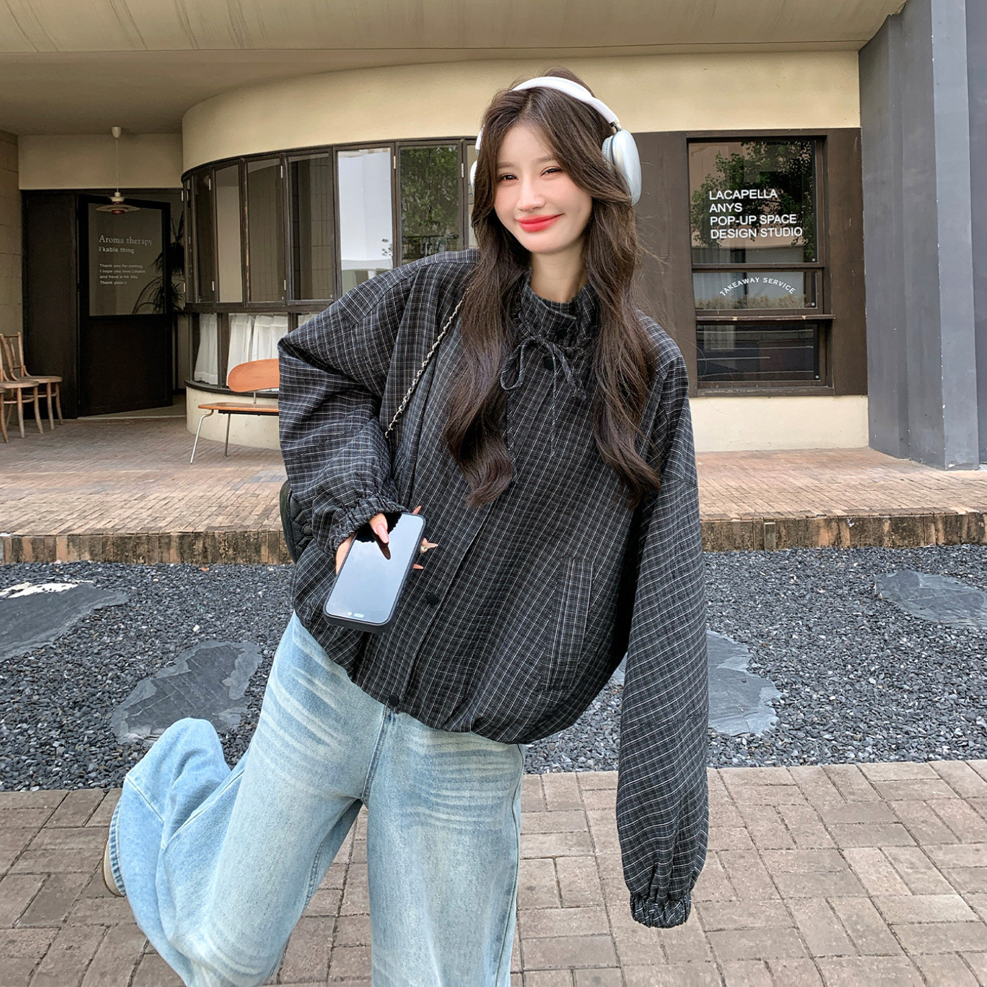 秋季复古格纹立领显瘦短外套女