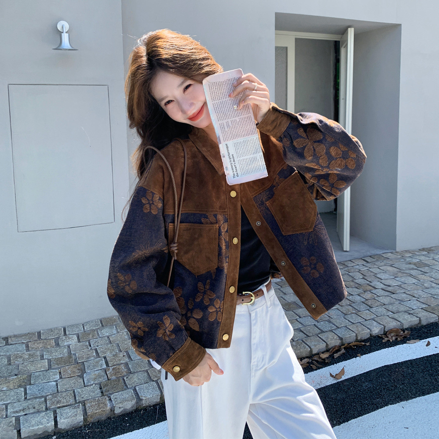 美拉德麂皮绒拼接显瘦短外套女