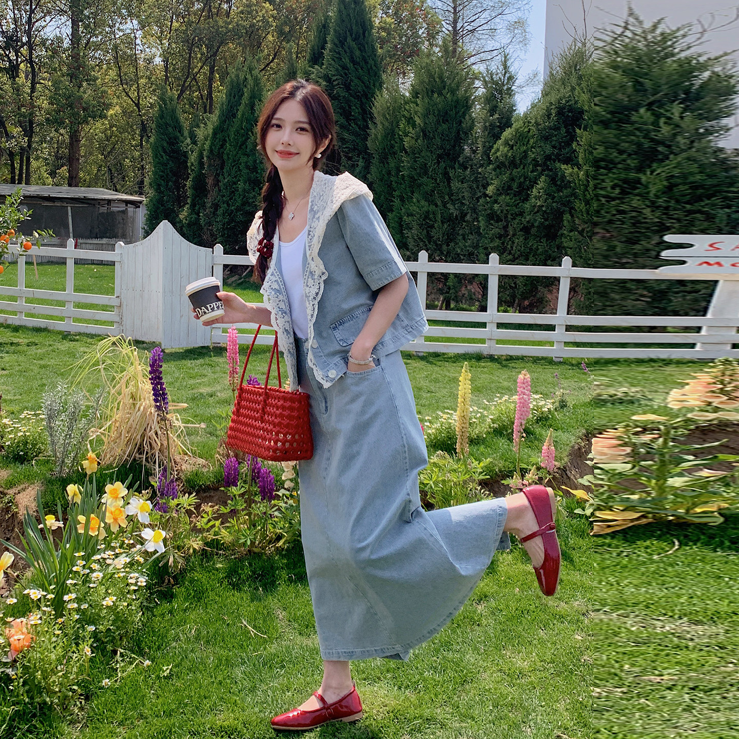 韩系设计感牛仔套装女2026夏季新款蕾丝连帽短袖外套半身裙两件套