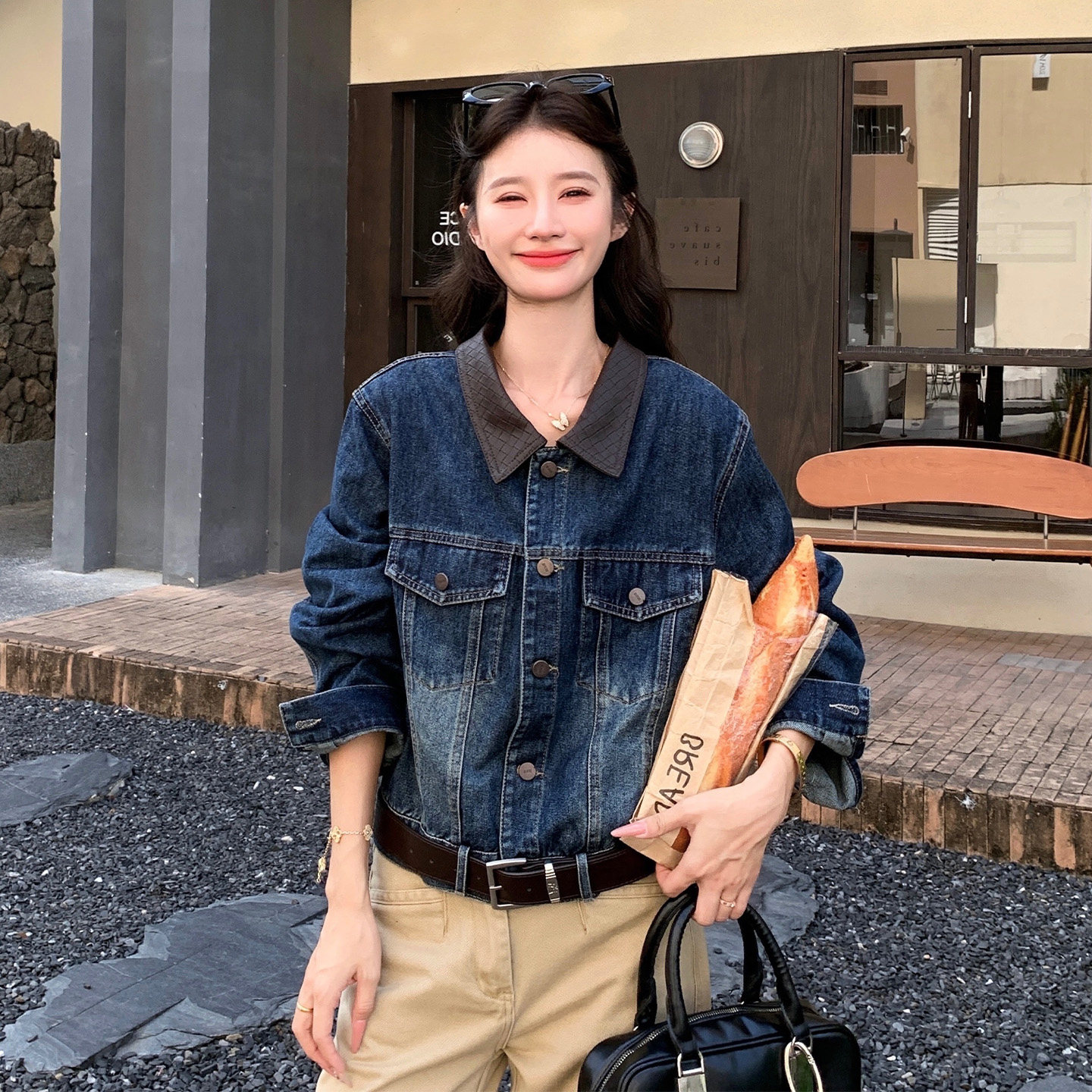 美式复古翻领短款牛仔外套女秋