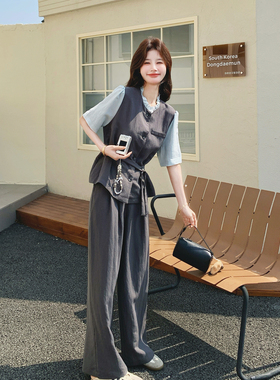 灰色法式气质感夏日穿搭套装女2026年新款假两件上衣阔腿裤两件套