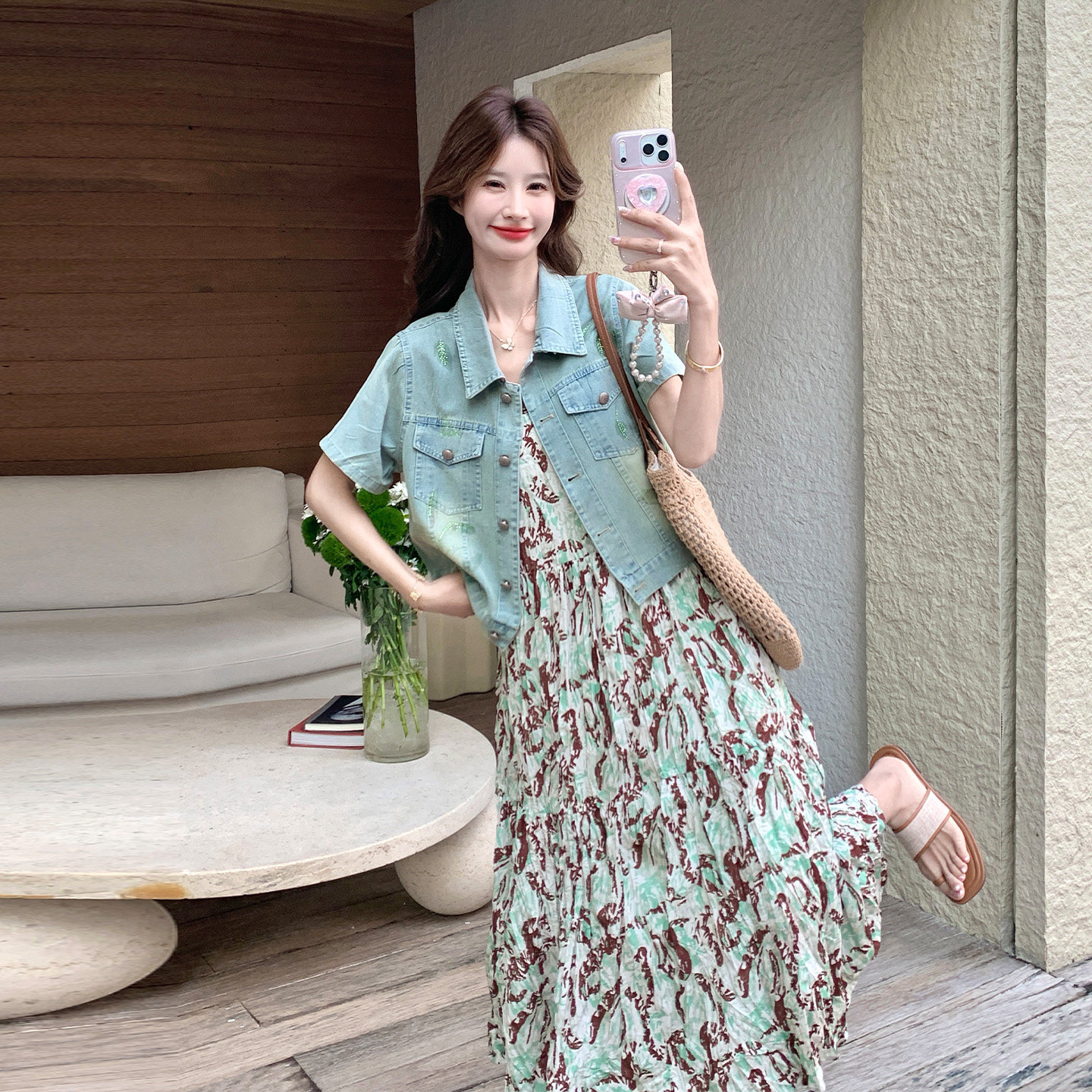 韩版休闲减龄甜美风印花吊带裙套装女2026夏日复古牛仔外套两件套