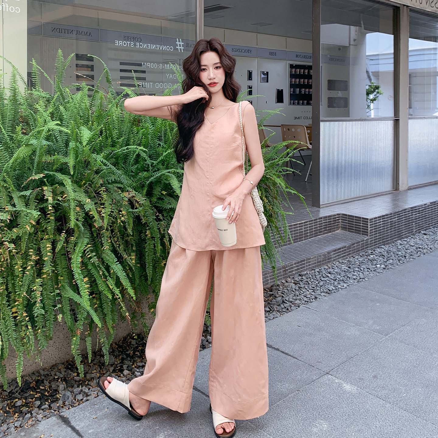 慵懒风V领无袖背心套装女夏