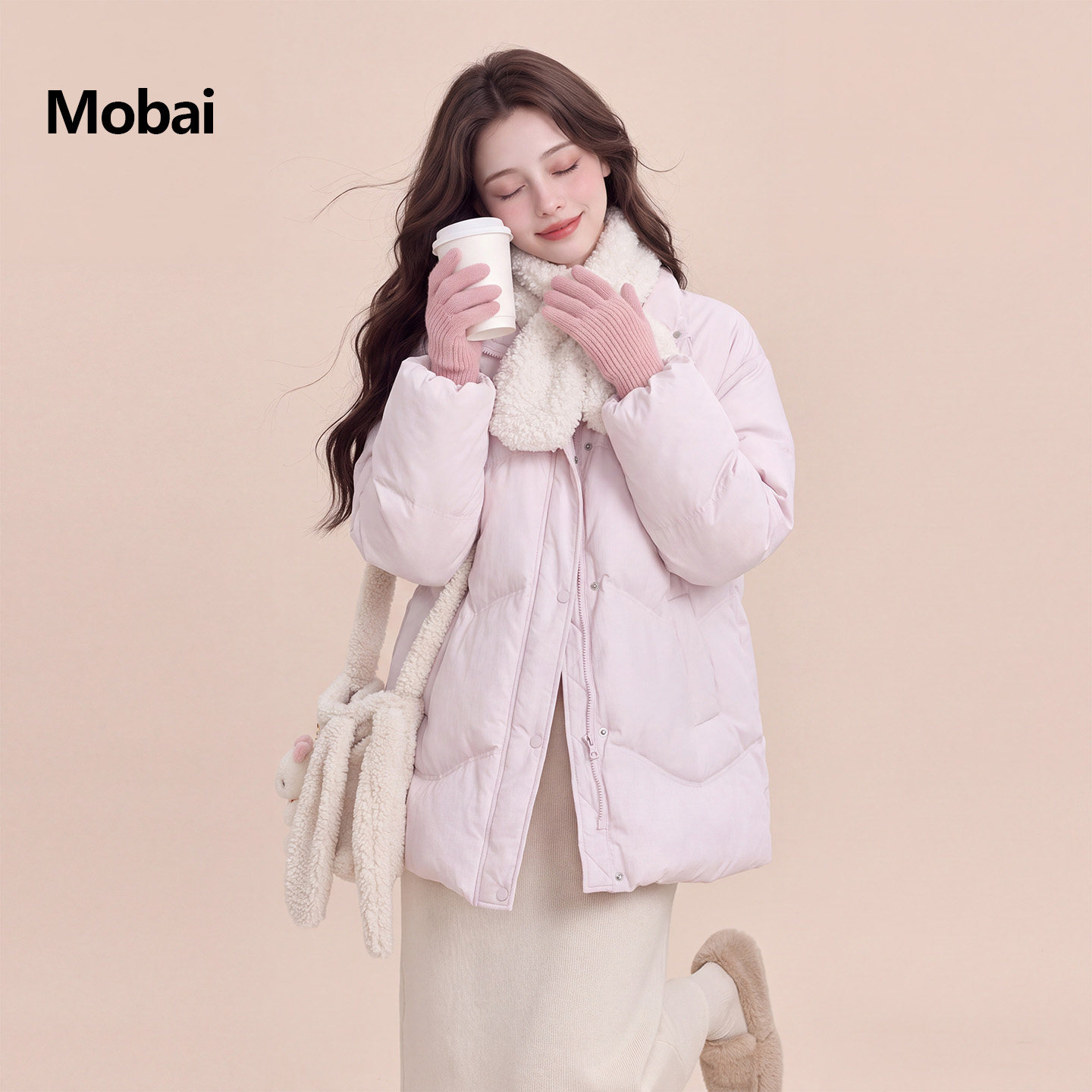 甜美粉色白鸭绒保暖羽绒服女款