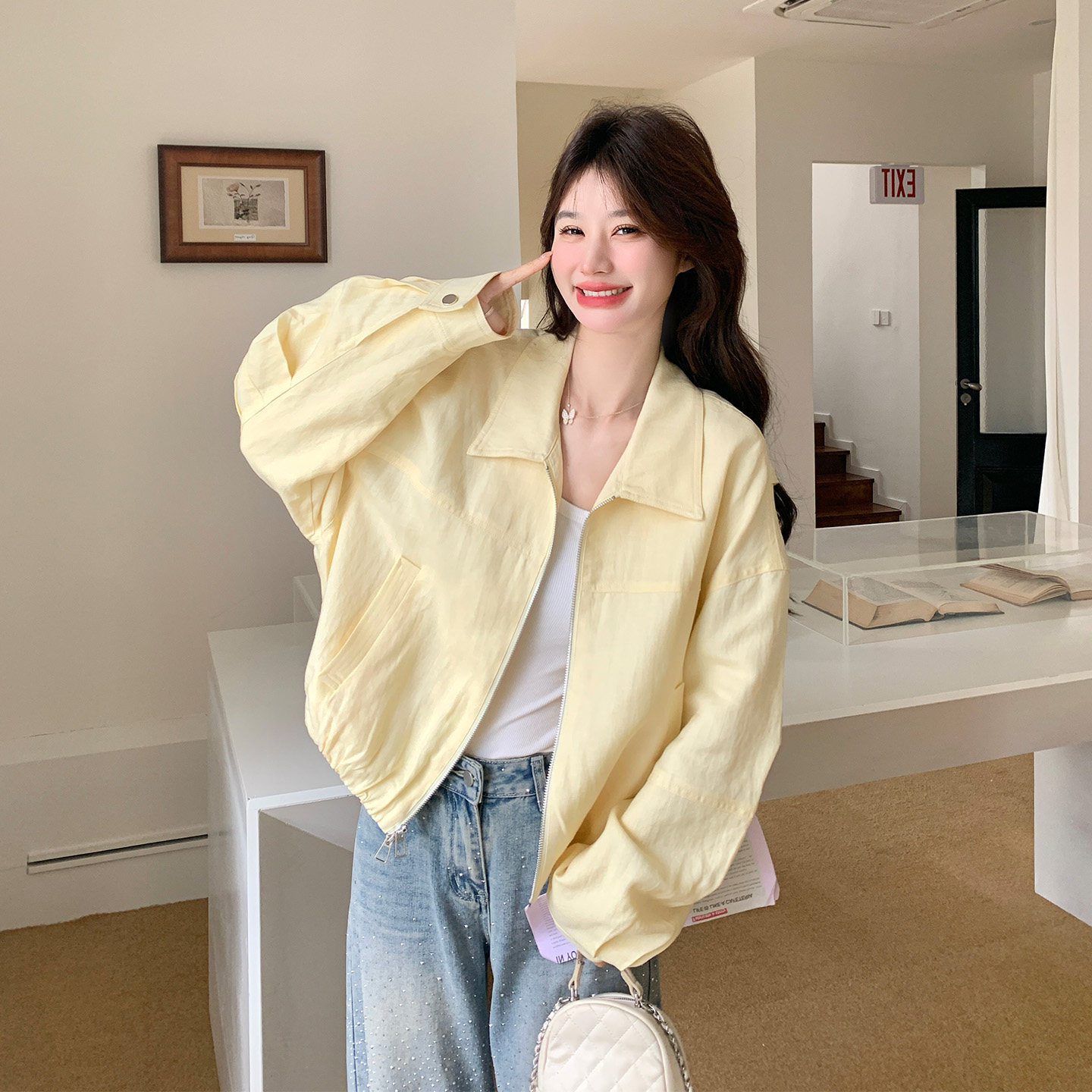 黄色可盐可甜翻领短外套女小个子2026春新款韩版减龄休闲炸街夹克