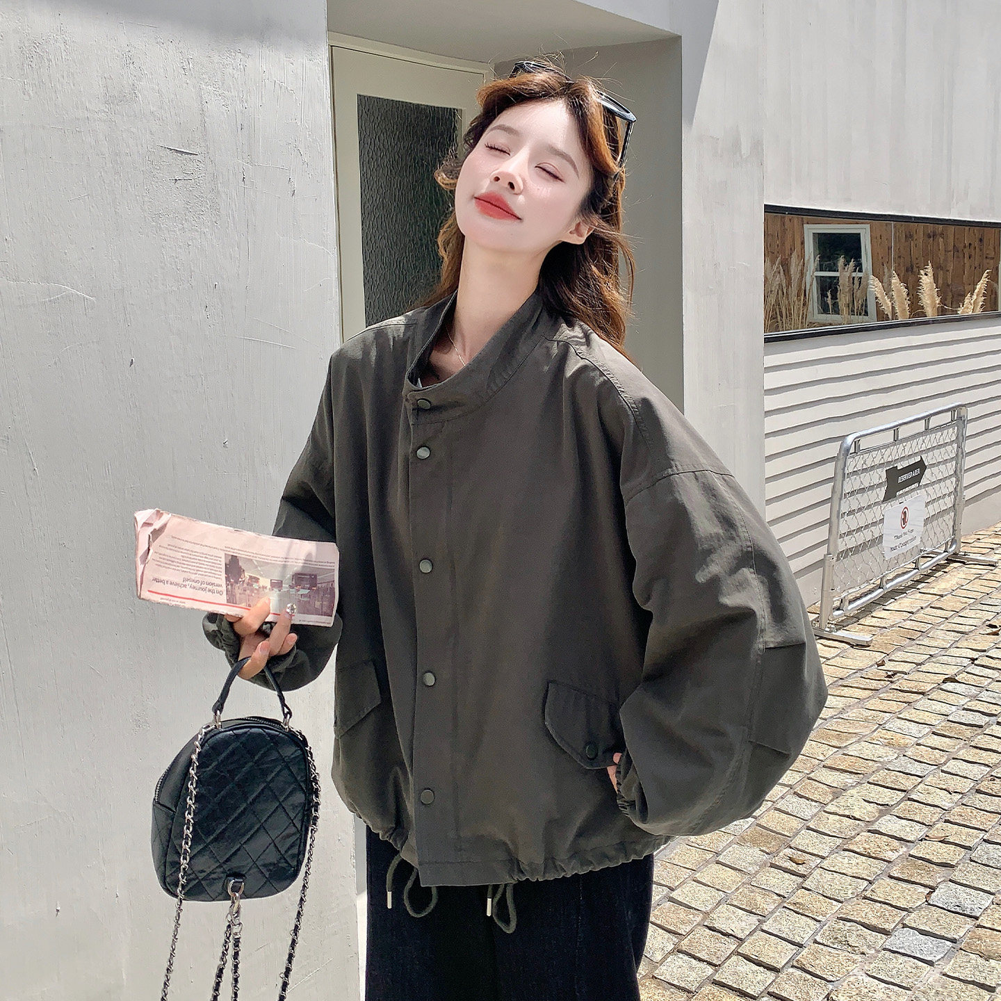 慵懒风立领抽绳短外套女