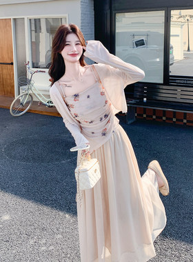 新中式绝美氛围感气质套装2026夏季新款开衫印花吊带半身裙三件套