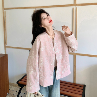 粉色新中式国风刺绣短外套女2026春季新款小个子甜美减龄圆领上衣