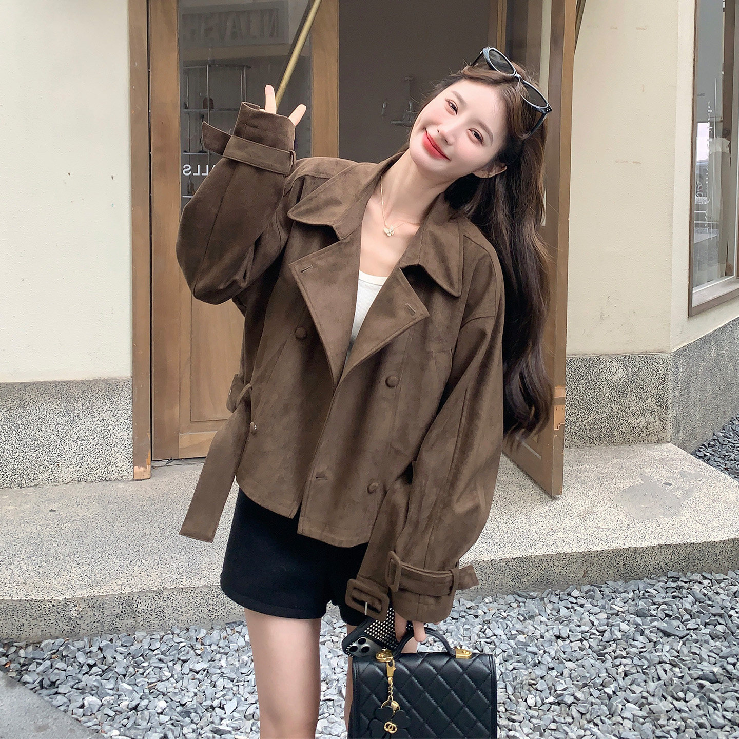 复古麂皮翻领短外套女秋季双排扣